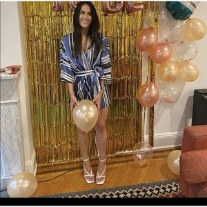 ZARA Blue Short Striped Jumpsuit Wrap Dress V-Neck Blogger Favorite Womens Sz XS